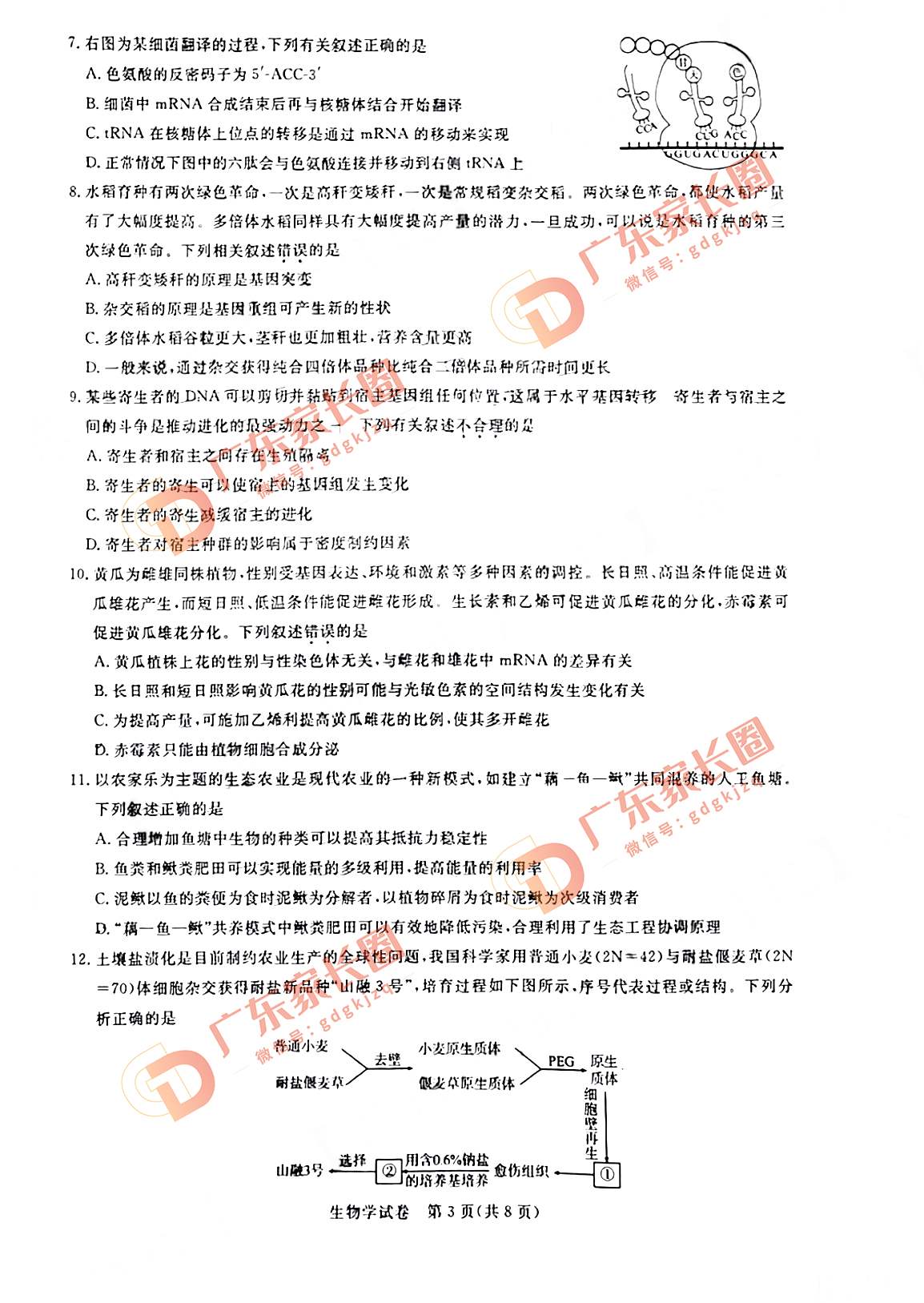 2024届广州高三阶段训练生物试卷题目和题目和答案解析（真题图片电子版本)